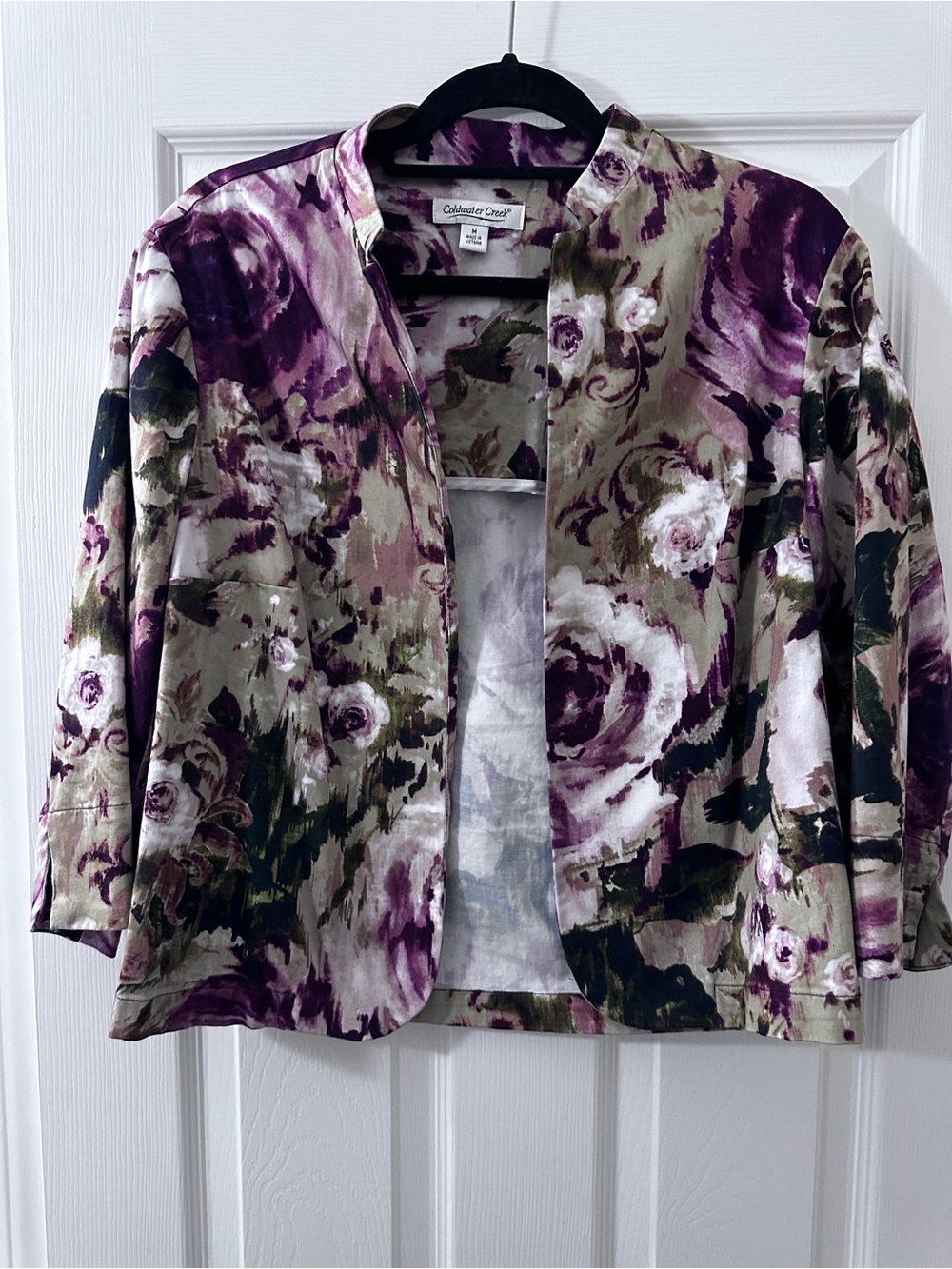 Coldwater Creek Plum, Magenta, Olive and White Floral Open-Front Blazer
